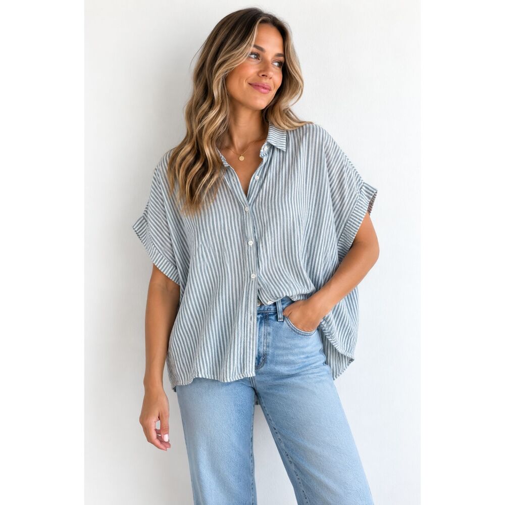 Day + Moon Blue White Striped Oversized Button Down Shirt Women’s S Boxy
